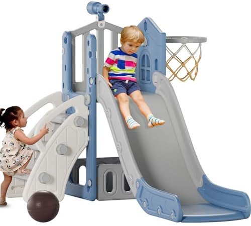 KORIMEFA 5 in 1 Kinderrutsche mit faltbarem Korb & Basketball, Kinder Fun-Slide Rutsche Gartenrutsche mit Stauraum, Indoor Outdoor Spielplatz Spielzeugrutsche für Kinder ab 1 Jahre Alt (Blau/Grau)