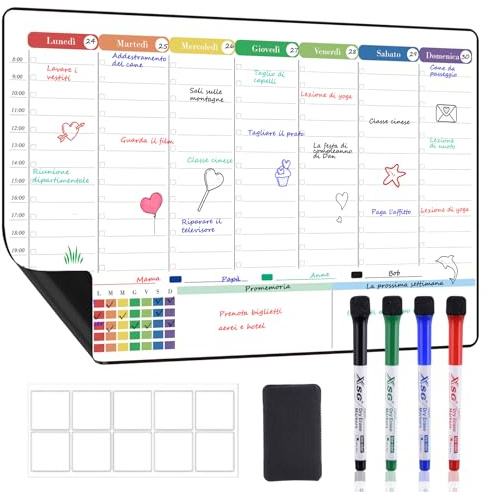 POPRUN Lavagna Cancellabile A3, Lavagnetta Magnetica Frigorifero, Planner Settimanale Magnetico per Cucina Ufficio Casa, Pianificare I Pasti, Segnare Attività e Impegni - in italiano