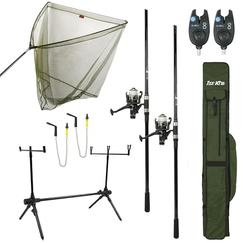 FISH-XPRO Juego de Carpa Deluxe 2-Rod - El juego de pesca más completo - Juego de caña de Carpa Negro - Detectores de picadura - Swingers - Rodpod - Reposapiés traseros - Rod de error - Red de pala de