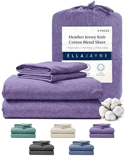 Ella Jayne Jersey Sheets Twin (4 Pieces) All Seasons, Wrinkle Resistant, Cozy Stretchable Knit T-Shirt, Super Soft with Deep Pockets Full Jersey Sheet Set (Heather Purple)