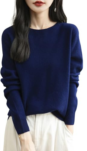 Chanyarn Maglione Girocollo da Donna in 100% Lana Merino 2025 Maglione Lavorato a Maglia Senza Cuciture a Maniche Lunghe (Navy Blue,XL)