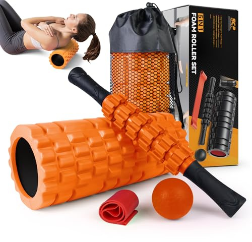 SUBCULTUREPICK Set di rulli in schiuma 5 in 1, rullo in schiuma per punti trigger, rullo massaggiante, palla massaggiante, fascia di resistenza per massaggi muscolari profondi, pilates, yoga, esercizi