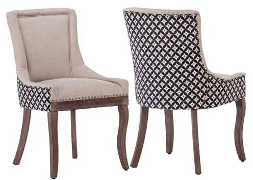 MZDOO Modern Dining Chairs Set of 2, High Back Dining Chairs Side Chairs with Solid Wood Legs, Upholstered Fabric Dining Room Chairs for Dining Room Kitchen, Beige and Patterned