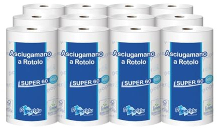 Asciugamano di carta a rotolo super 60 2 veli - 200 strappi - in Pura Cellulosa - 60 metri altezza 21,3cm estrazione interna per alimenti (12 ROTOLI)