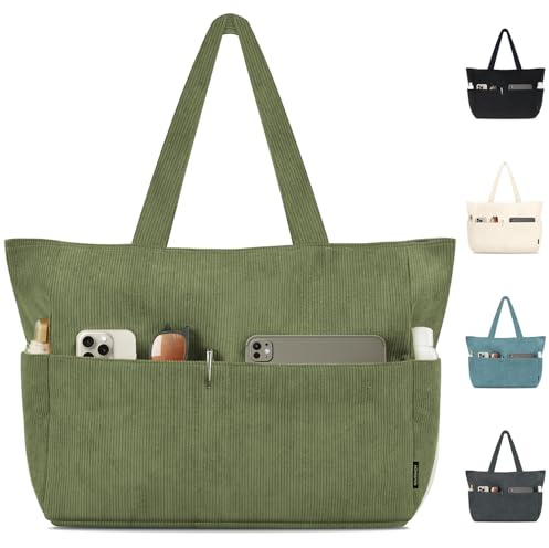 HOMESPON Handtasche Damen Tote Bag Shopper Groß Umhängetasche Cord Crossbody Beuteltasche Schultertasche Stoffbeutel für Einkaufen Schule Arbeit Reisen(Grün)