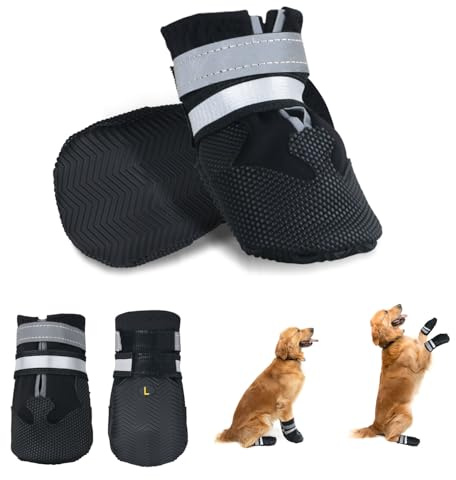 NeuWee Hundeschuhe Pfotenschutz, 4 Stück wasserdichte Hundeschuhe Anti-rutsch Hundestiefe mit Reflektierenden Riemen, Hundeschnee Stiefel für kleine, mittlere und große Hunde (Schwarz, XL)