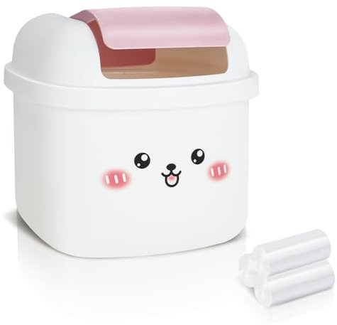 Mini Tischmülleimer mit Deckel, Süßer Cartoon Mülleimer Klein, Schreibtisch Tischabfalleimer Tragbarer mit Müllbeuteln, Tisch Mülleimer Papierkorb KäSten für BüRos, Kinderzimmer, Wohnzimmer (Weiß)