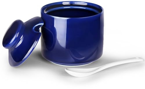 HAOTOP 8 oz Sugar Bowl with Lid and Spoon,Ceramic Sugar Jar Sugar Dispenser Sugar Container Coffee Bar Accessories, Kitchen Countertop Canisters (Navy)