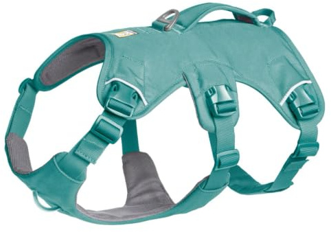 Ruffwear Web Master Hundegeschirr, Y-Front-Hundegeschirr mit Griff und verbesserter Schnalle, verstellbar und leicht für Spaziergänge und Wanderungen, fluchtsicher, River Rock Green, Large/X-Large | Drei-Riemen-Stil verhindert das Herausziehen, seitliche Halsschnalle, Griff zum Anheben und Unterstützen