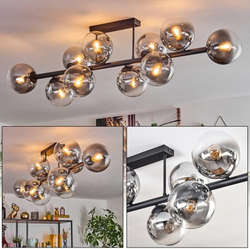 HOFSTEIN Deckenleuchte Chehalis, 10-flammige Deckenlampe aus Metall/Glas in Schwarz/Rauch/Klar, Leuchte im Retro/Vintage-Design (Schirme Ø 15 cm), E14, Esszimmer, Wohnzimmer, Schlafzimmer, Küche