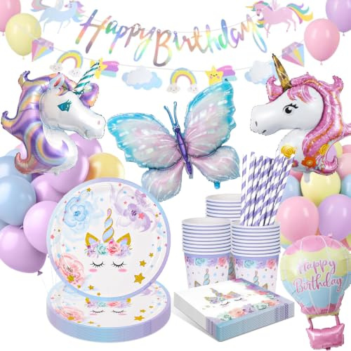 yosiio Unicorn Party Decorations, Unicorn Birthday Decoration Set | Children's Tableware With Balloons for Girls Birthday Party Supplies 16 Guests