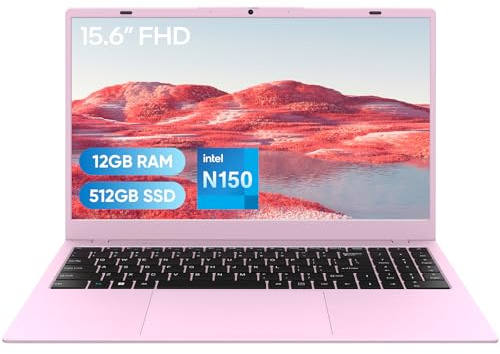MARGOLAI Computadora portátil FHD de 15.6 pulgadas, DDR5 de 12 GB, SSD de 512 GB, N150 de cuatro núcleos (Beat a i3-1115G4, hasta 3.6 GHz), WiFi 6, Bluetooth 5.2, rosa