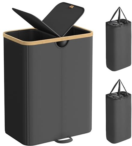 SONGMICS Cesto Ropa Sucia de 2 Compartimentos, Cesta de Colada, 150 L, Clasificador con Tapa, Bolsas de Ropa Extraíbles, para Lavadero, Dormitorio, Salón, Negro Tinta y Beige Natural LCB523B01