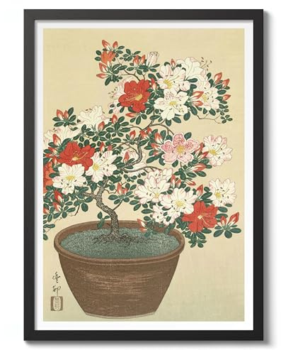 Blooming Azalea In Brown Pot Ohara Koson Poster, Japanese Woodblock Ukiyo-E Print, Vintage Nature Art Picture Animal Painting Wall Art, Artwork Home Decor, 50x70cm (Black Frame) - 53x73cm