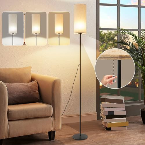 GBLY Stehlampe Wohnzimmer Dimmbar Stehleuchte: Vintage Standleuchte ink LED Glühbirne mit Stoff Lampenschirm Standlampe mit Seilzugschalter und USB Kabel Retro für Schlafzimmer - 3000/4000/6500K