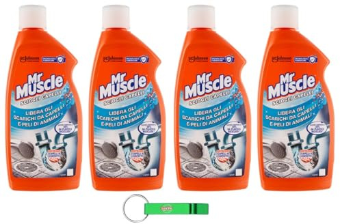 4 X Mr Muscle Sciogli Capelli – Detergente per tubi rimuove efficacemente peli e peli di animali da lavandini e scarichi, sicuro per tubi da 500 ml + portachiavi Beni Culinari