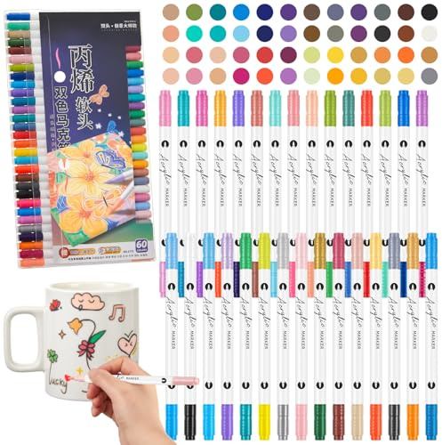 Sinmoe 30er Set 60 Farben Porzellanmalstifte mit Doppelspitze Porzellanstifte Spülmaschinenfest Keramik Stifte zum Bemalen von Tassen Stein Holz Metall DIY Geschenk Set für Halloween Weihnachten