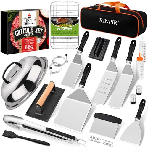 RINPIR 33PCS Griddle Accessories Kit for Blackstone, Flat Top Grill Accessories Tools with Cooling Rack, Melting Dome and Burger Press, Professional Hibachi Spatula Gift Set for Outdoor Teppanyaki BBQ