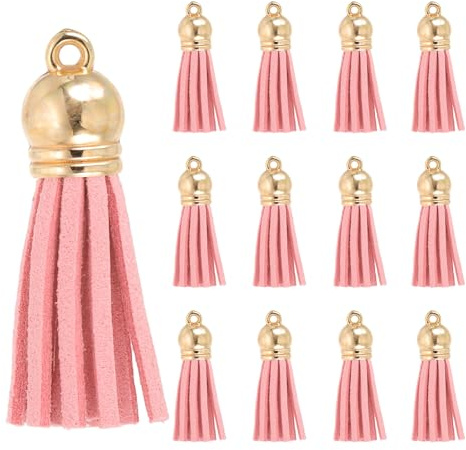 PATIKIL 30 Stück 38x10mm Hellrosa Gold Leder Quasten Anhänger | Mit Metallkappen, Für Handtaschen Taschenanhänger Handykette Ohrringe Halskette Schlüsselanhänger Basteln Schmuckherstellung