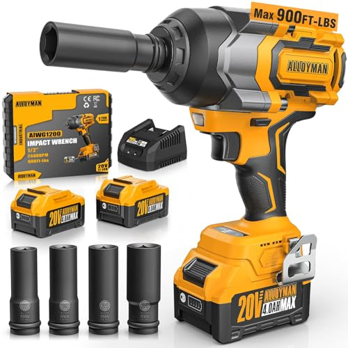 Cordless Impact Wrench, 900Ft-lbs (1200N.m) 1/2 Brushless Impact Gun, 20V High Torque Power Impact Driver, 2x4.0Ah Batteries,Brushless Motor 2400 RPM Variable Speeds for Family Car/Pickup Truck/Mower