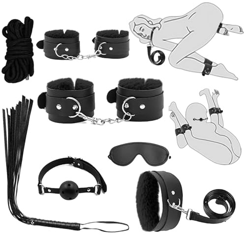 Kits de bondage sexual,juguetes de ataduras BDSM 7 piezas esposas,tobillos,esposas,pinzas,mordaza de bola,venda para ojos,cuerda,cuero,juego de ataduras,juguete de rol para principiantes