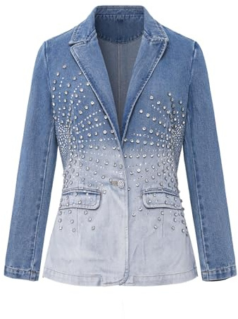 Women's Rhinestone Denim Suit Business Casual Pointed Collar Lapel Front Pocket Fall Winter Denim Jacket
