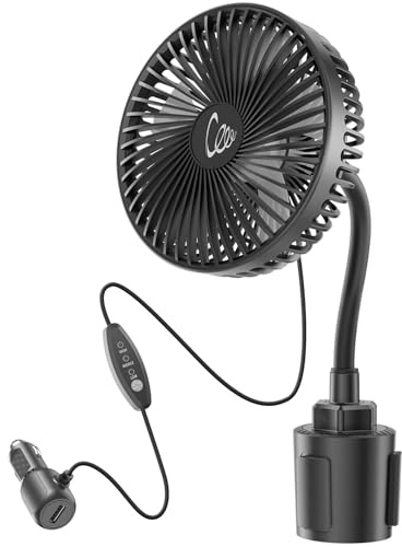 Amacool 12V Car fan, Portable Vehicle Cooling Fan for Front Seat, Mounted in Cup Holder, 3-Speed, 360° Rotation, Car Necessities for Dog/SUV/RV/Truck, Cigarette Lighter Powered, Car Charger Included