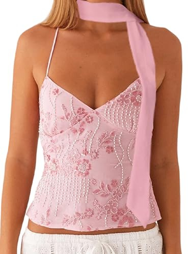 Damen Pailletten Glitzer Neckholder Crop Tops Y2K Perlen verziert Cami sexy Tank Tops Ausgeh-Tops Party Clubwear, B-Rosa, M