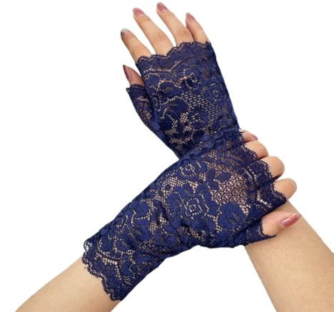 AMateschitz Guanti in pizzo da sposa, senza dita, guanti da sposa, eleganti e corti, in rete, per matrimoni, feste di tè, blu navy, Taglia unica