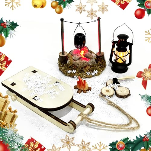 7Stück Wichtel Zubehör Lagerfeuer Krippe,Wichtel Zubehör Weihnachten LED-Lagerfeuer,Miniatur Feuerstelle Krippe mit LED,Krippen Lagerfeuer,Krippenbeleuchtung Lagerfeuer für Wichteltür,Puppenhaus Deko