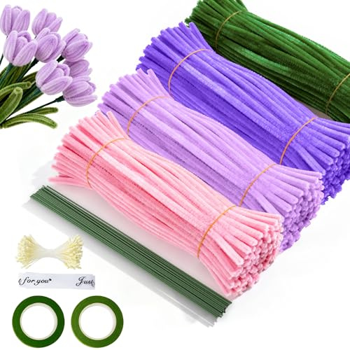 Pfeifenreiniger Blumen Set, 400 Stück Pfeifenputzer zum Basteln, Geschenkband und Klebeband – Ideal für DIY-Projekte wie Trockenblumen, Diamond Painting und Blumendeko (Lila)