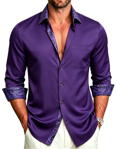 YourTies Mens Dress Shirt Long Sleeve Casual Button Down Shirt Wrinkle Free Formal Business Inner Collar Contrast Shirts