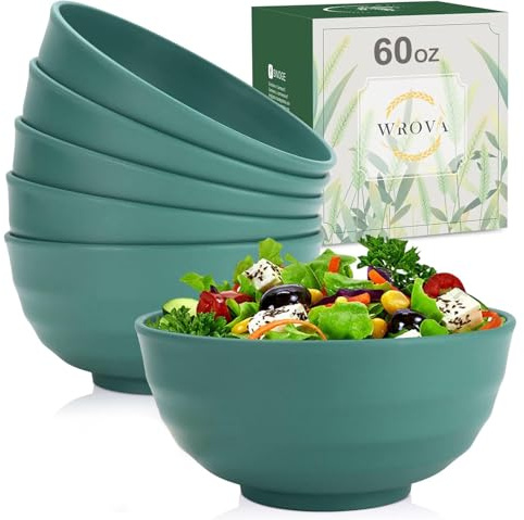 Wrova Plastic Bowls Set 60 OZ Unbreakable Large Ramen Bowls Set of 6 Microwave and Dishwasher Safe Bowls for Dorm and Apartment Large Bowl for Serving Ramen and Salad - GreenColors