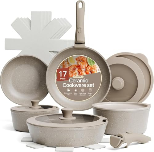 Bakken 17-Piece Ceramic Coated Aluminum Cookware Set, Nonstick Pots and Pans with Lids, Silicone Cooking Utensils & Oven Mitts, All Stovetop Safe Up To 500°F, PTFE & PFAS Free, Dishwasher Safe