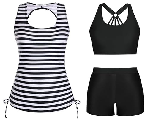 JASAMBAC Set Tankini da donna in 3 pezzi, top bikini push-up e pantaloncini da bagno a vita alta, costume da bagno semplice, costume da bagno sportivo, costume da bagno per spiaggia, piscina, Strisce