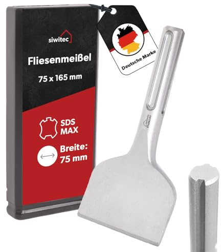 siwitec SDS Max Fliesenmeißel 75 x 165 mm, Profi SDS MAX Meißel zum Fliesen & Fliesenkleber entfernen, Abgewinkelt, Breitmeißel, SDS Flachmeißel breit für Bohrhammer