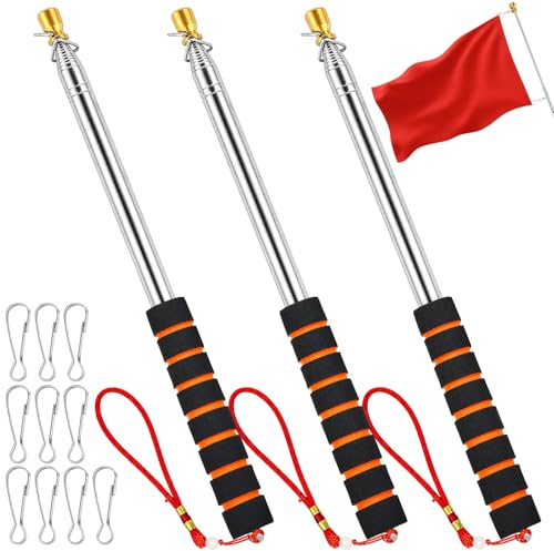 Amentalove 3 Stück Teleskop Fahnenstange, 3M Handheld Teleskop Fahnenmast Edelstahl mit 10 Clips, Rutschfestem Griff Teleskopstab Fahnenstange Ausziehbar für Camping Reiseleiter Wettbewerbe Lehrer