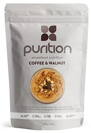 Purition Coffee & Walnut – High Protein Wholefood Shake | 500g Natural Meal Replacement with Whey Protein for Keto Diet, Weight Loss & Healthy Breakfasts | 12 Servings