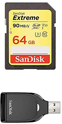 SanDisk Extreme 64GB SDXC Memory Card up to 90MB/s, Class 10, U3, V30 FFP with SanDisk SD UHS-I Card Reader