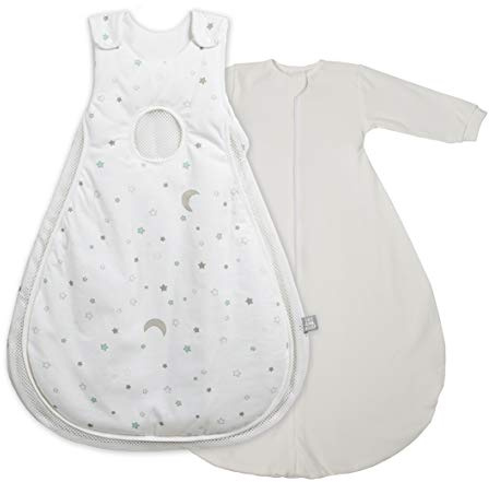 roba Babyschlafsack 74/80 cm Air PLUS Sternenzauber + Strampelsack mit Ärmeln - safe asleep - Schlafsack ganzjährig für Neugeborene - Weiß mit Stern Motiv