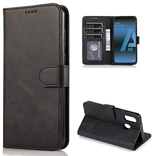 CTIUYA Schutzhülle für Samsung Galaxy A40, Hülle Handyhülle Leder Klapphülle Handytasche Flip Brieftasche Schutzhülle Magnet Wallet Case Tasche Lederhülle für Samsung Galaxy A40,Schwarz