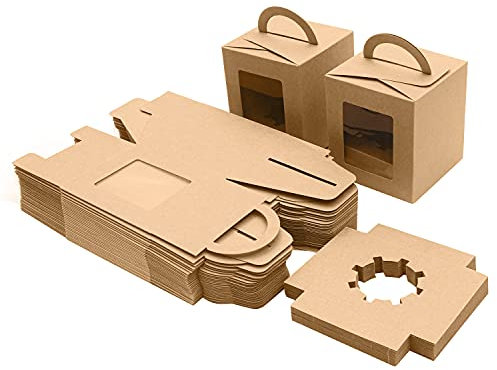 BELLE VOUS Gebäckdose aus Kraftpapier, braun, mit Fenster und Griff (50 Stück) – 9,39 x 9,39 x 10,66 cm – transparente und Einweg-Kuchenbox – Kekse, Cupcakes, Desserts und Torten