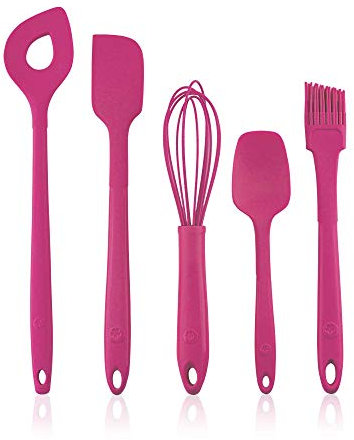 Kochblume Back Set 5-teilig | Backlöffel, Teigschaber M, Flexlöffel S, Schneebesen M, Pinsel S | in der bunten Box (pink)
