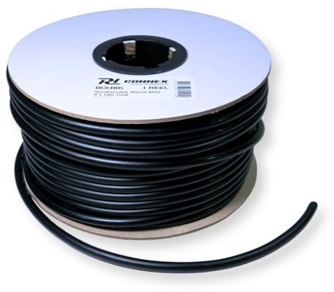 PD Connex Speaker Cable Heavy-Duty 2-Core Round Audio Lead 50m - 2x1.5mm Black Copper Wire for Car HiFi, Home Stereo & 100V PA Installations