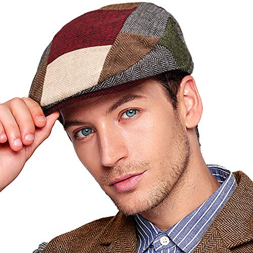 Casquette plate à chevrons pour homme en tweed mélange de laine, Patchwork 02 avec bord rouge, S/M
