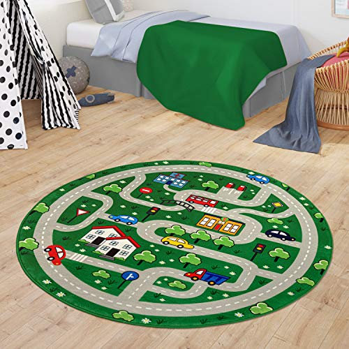 TT Home Teppich Kinderzimmer Spielteppich Babymatte Junge Straßenteppich Auto Stadt, Farbe:Grün, Größe:150 cm Rund