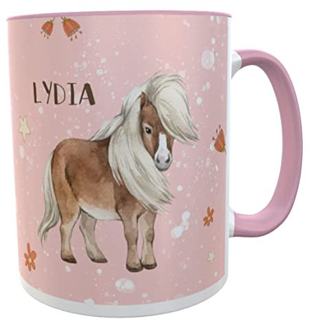 Kilala KIndertasse Shetlandpony mit Namen Pferdebecher Geschenk für Pferdefreunde Pferdeliebhaber Mädchen Kinder (Pony rosa)