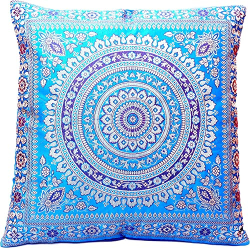 Türkis Blau Seide Kissenbezug | Zierkissenbezug | Sofakissenbezug | Dekokissen | Zierkissen aus Indien - 40 x 40 cm *Handgewebt und handgenäht von Kunsthandwerkern aus Kaschmir-Indien