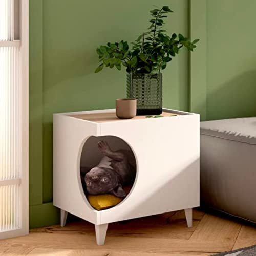 Skraut Home - Ellie Haustiertisch, seitlicher Eingang, 1 Tür, Beistelltisch, Haus für Katzen und Hunde, Sandkasten, Nachttisch, für Wohnzimmer und Bad, 46,8 x 37 x 40 cm (Weiß)