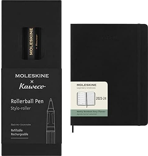 Moleskine x Kaweco Tintenroller, Farbe Schwarz + Wochenplaner 2023-2024,18-Monate-Kalender, Akademischer Terminkalender, Softcover-Wochenplaner, XL-Format 19 x 25 cm, Farbe: Schwarz
